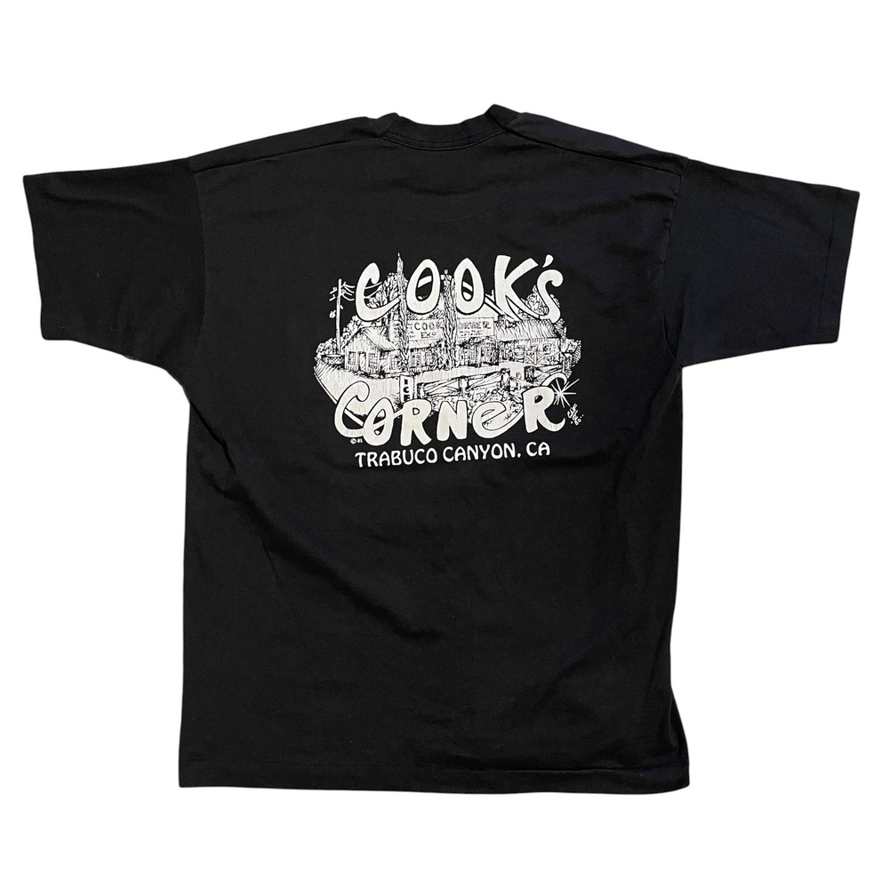 Vintage 90s Cooks Corner Trabuco Canyon CA Pocket T-Shirt Black Single Stitch